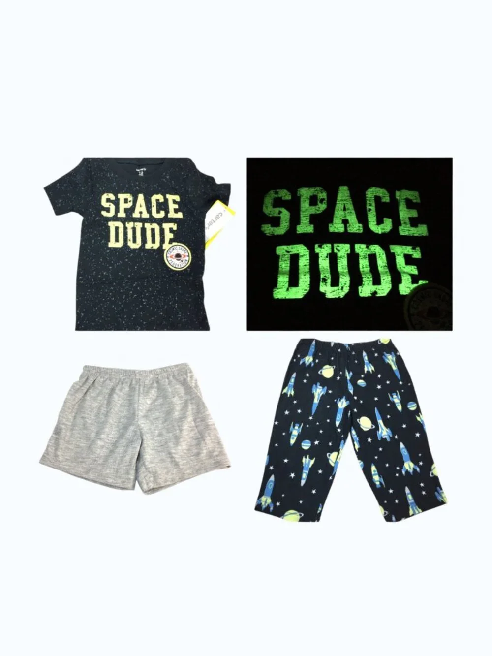 NWT Carter's Space Dude Pajamas 12M Glow In The Dark Galaxy Rocket Ship PJs