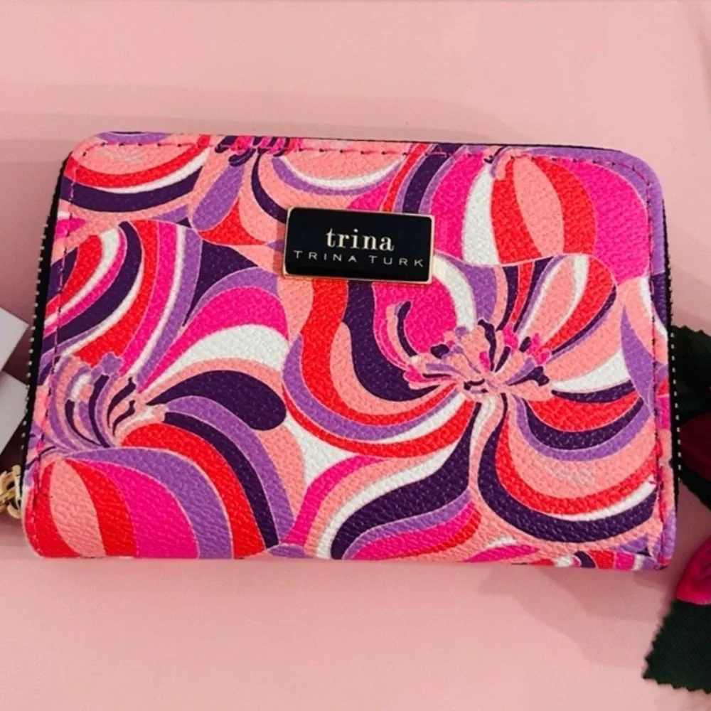 TRINA TURK ~ Multicolor Pink and Purple Swirl Wallet w/Silver-Toned Hardware