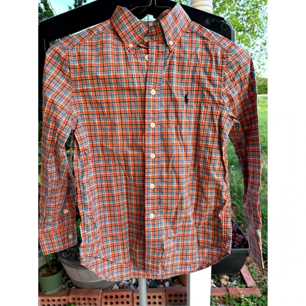 Ralph‎ Lauren Boys Orange Plaid Button Down Shirt Natural Stretch Size 8 S/P