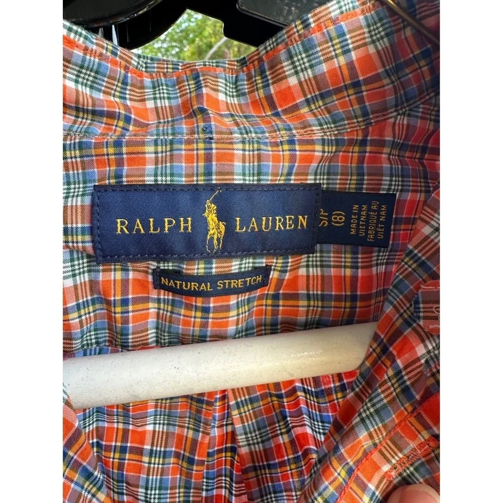 Ralph‎ Lauren Boys Orange Plaid Button Down Shirt Natural Stretch Size 8 S/P
