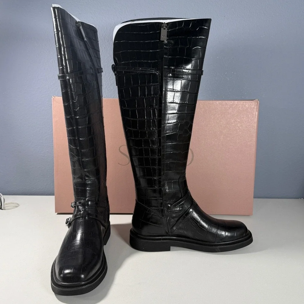 SARTO by Franco Sarto Ainsley Black Croc Embossed Leather Knee High Boots Size 9