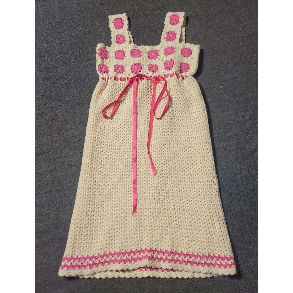 Vintage Hand‎ Knit Girls Dress Crochet Cream Pink 10-12 Or Womens XXS