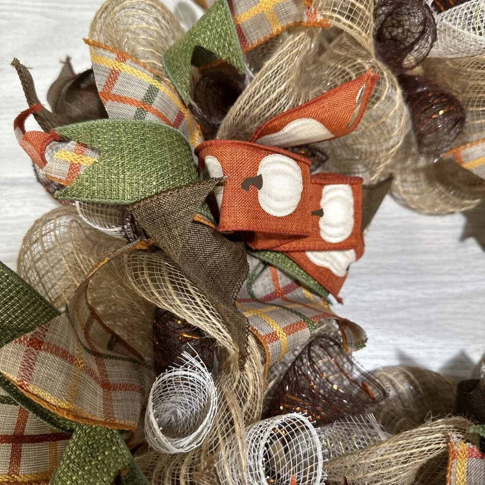 Handmade Fall Autumn Pumpkin Plaid Orange Brown Green Ribbon 18