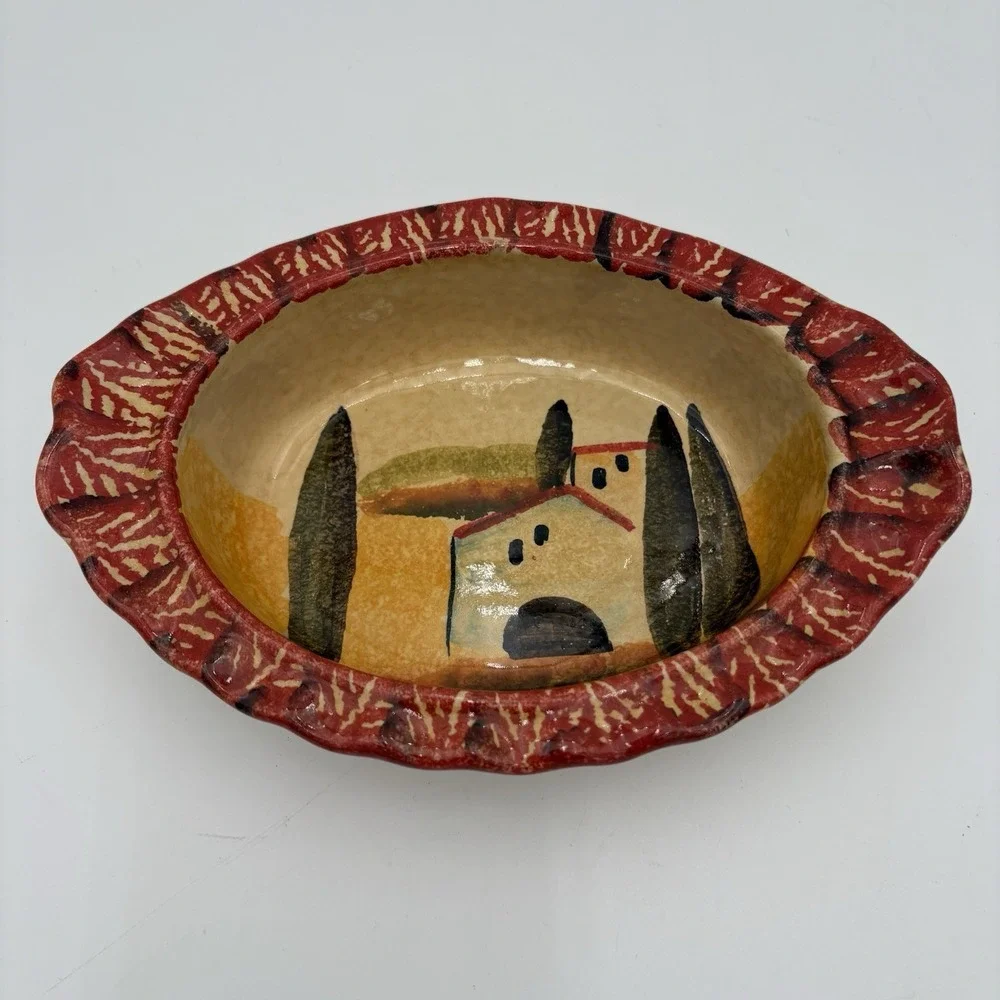 ITALICA ARS Hand Painted Pottery 8-1/2 x 6 Oval Oven Bowl, Italy‎