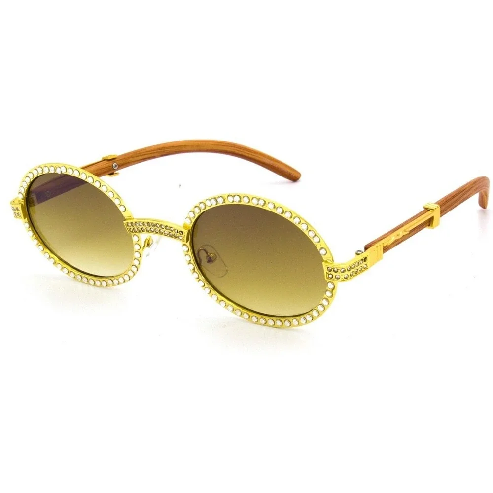 Sunglasses Round Frame Wood Arm Gold Metal Fashion Shades‎ Sophisticated Classic