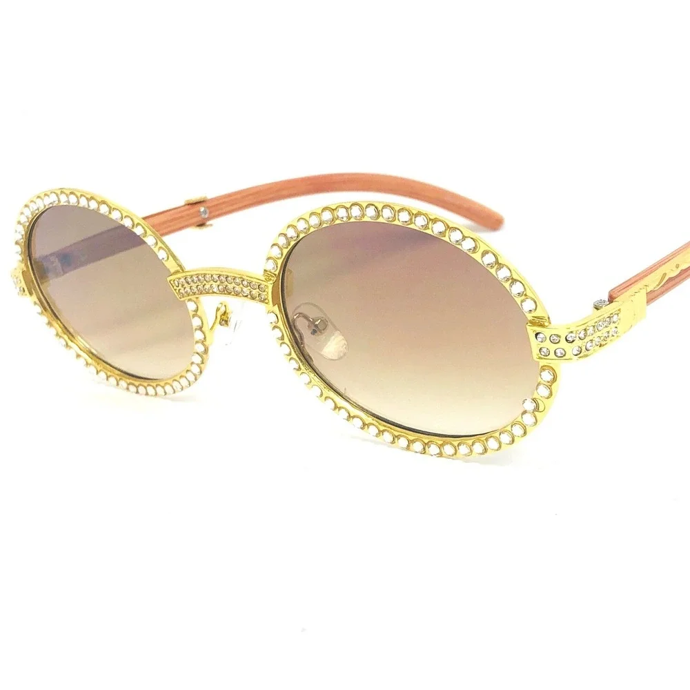 Sunglasses Round Frame Wood Arm Gold Metal Fashion Shades‎ Sophisticated Classic