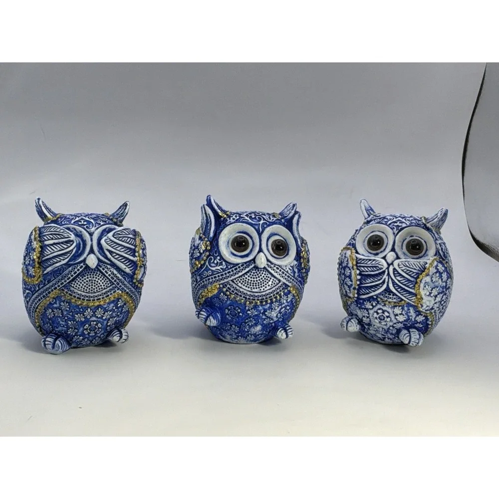 See No Evil Hear No Evil Speak No Evil Blue/white Resin Owls Gold Accents