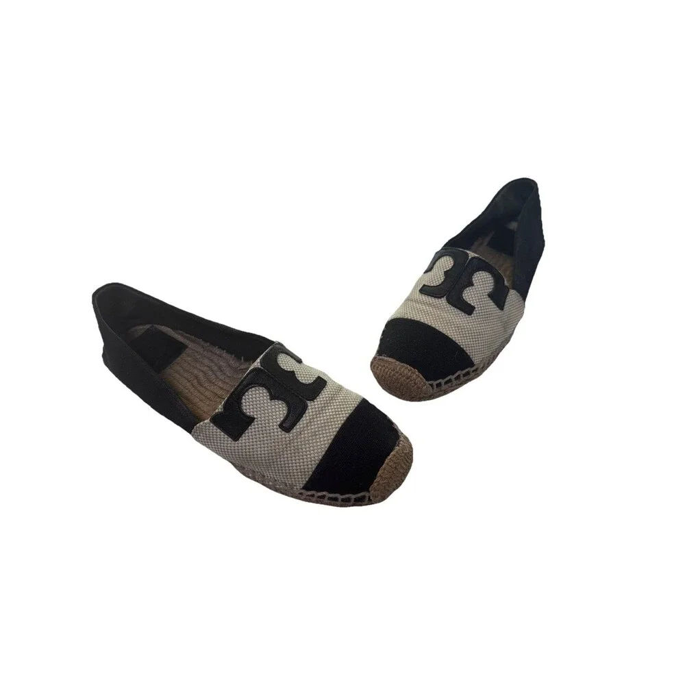Tory Burch Women's 6.5 Blue Flat Espadrilles Logo Leather Slip On Shoes