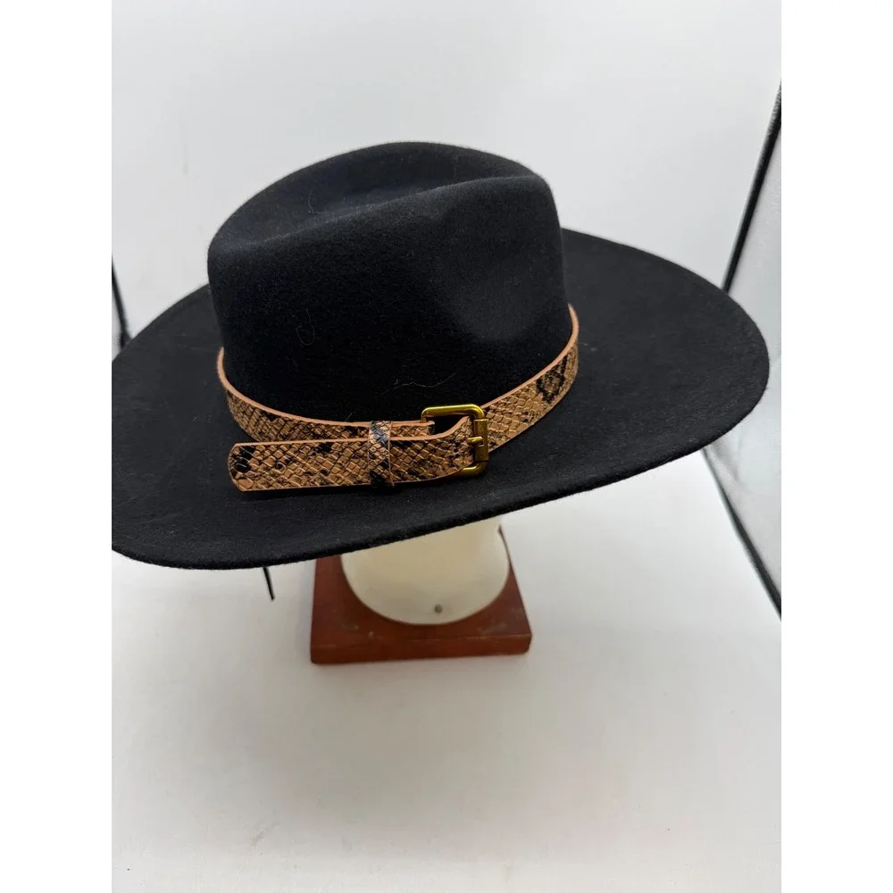 POL Black 100% Wool Wide Brim Fedora Hat indie cowgirl Snakeskin Buckle mobwife