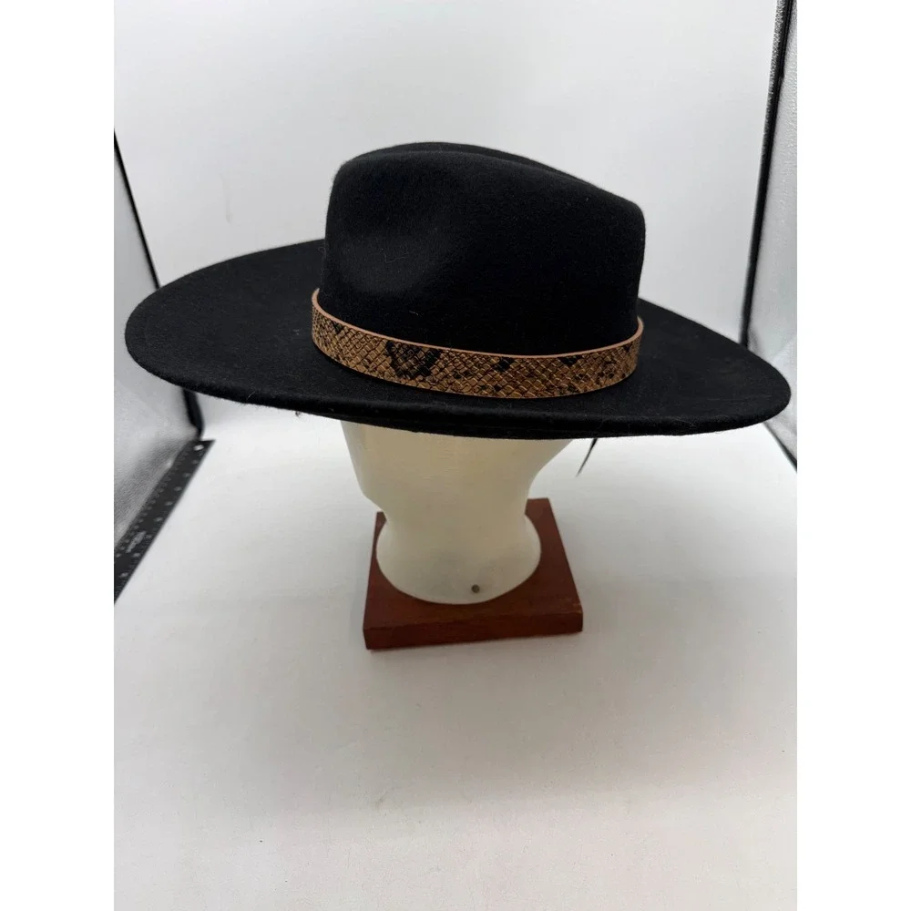 POL Black 100% Wool Wide Brim Fedora Hat indie cowgirl Snakeskin Buckle mobwife