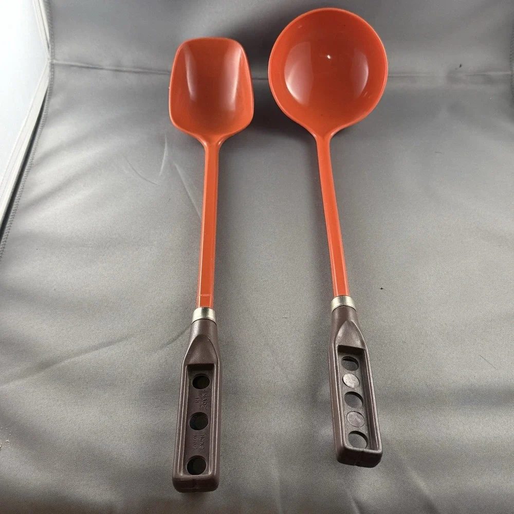 Vintage Hong Kong Orange Melamine Ladle & Spoon Set Retro Brown Handles MCM‎