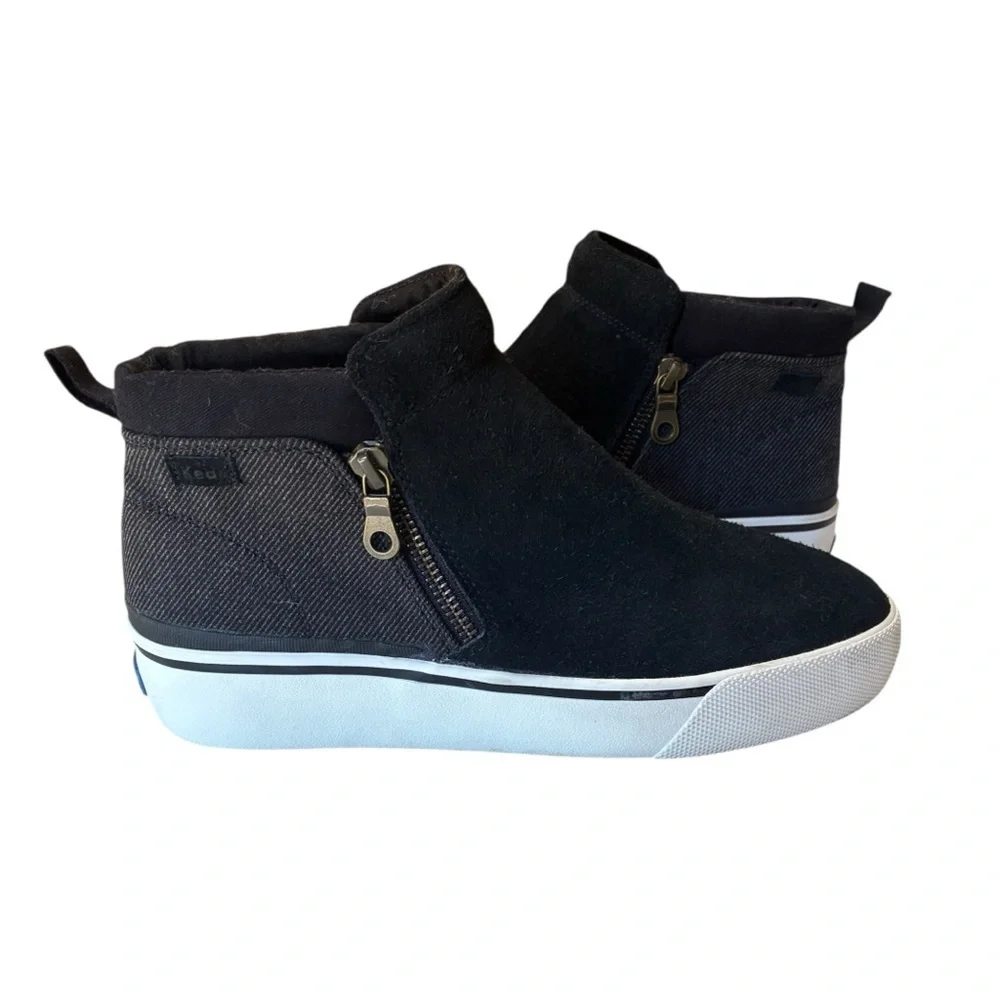 Keds Womens Cooper Black Suede/Canvas Zip Booties, Size 8.5, Excellent Condition