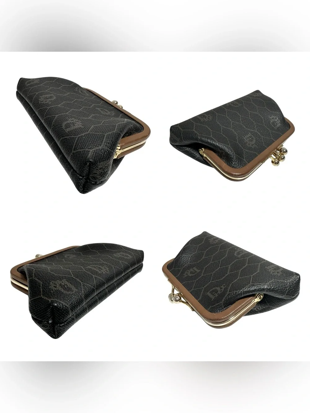 Dior Honeycomb Vintage Black & Tan Leather Kisslock Card & Coin Case