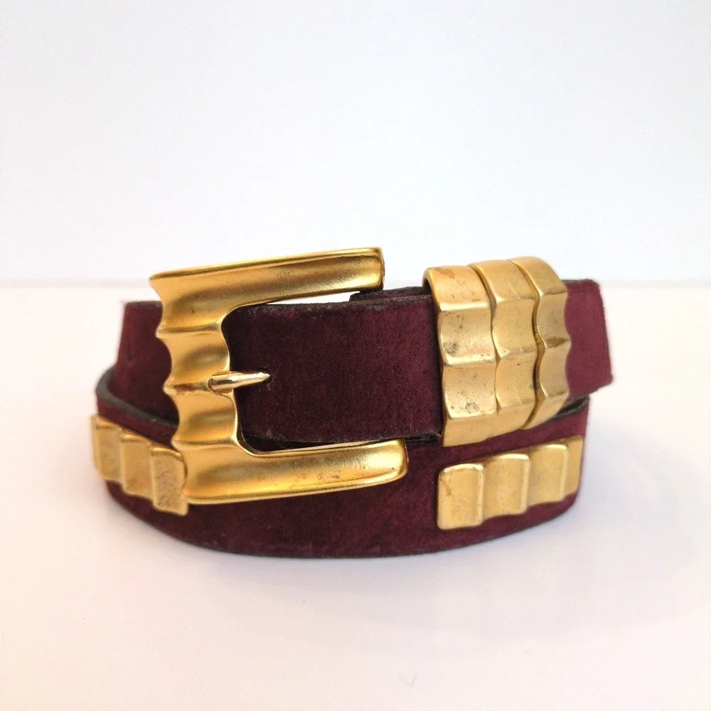 Vtg‎ 90s Leatherock Belt Brown Suede Gold Metal Modern Western Boho Chunky ML