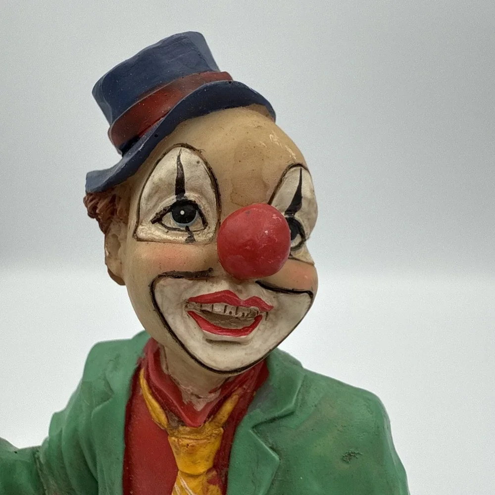 Vintage Clown Figurine With Bird In Hand And Dog Standing On A Ball