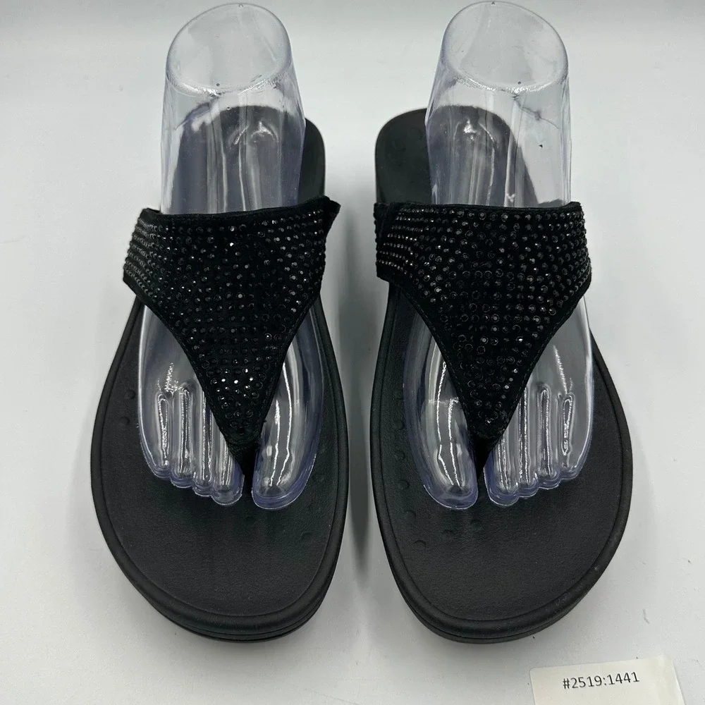 Vionic Naples Rhinestone Thong Sandals Black Comfort Slides wedge  W11 EU43