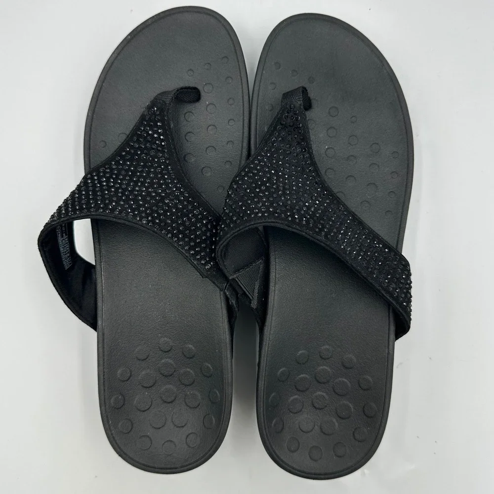 Vionic Naples Rhinestone Thong Sandals Black Comfort Slides wedge  W11 EU43