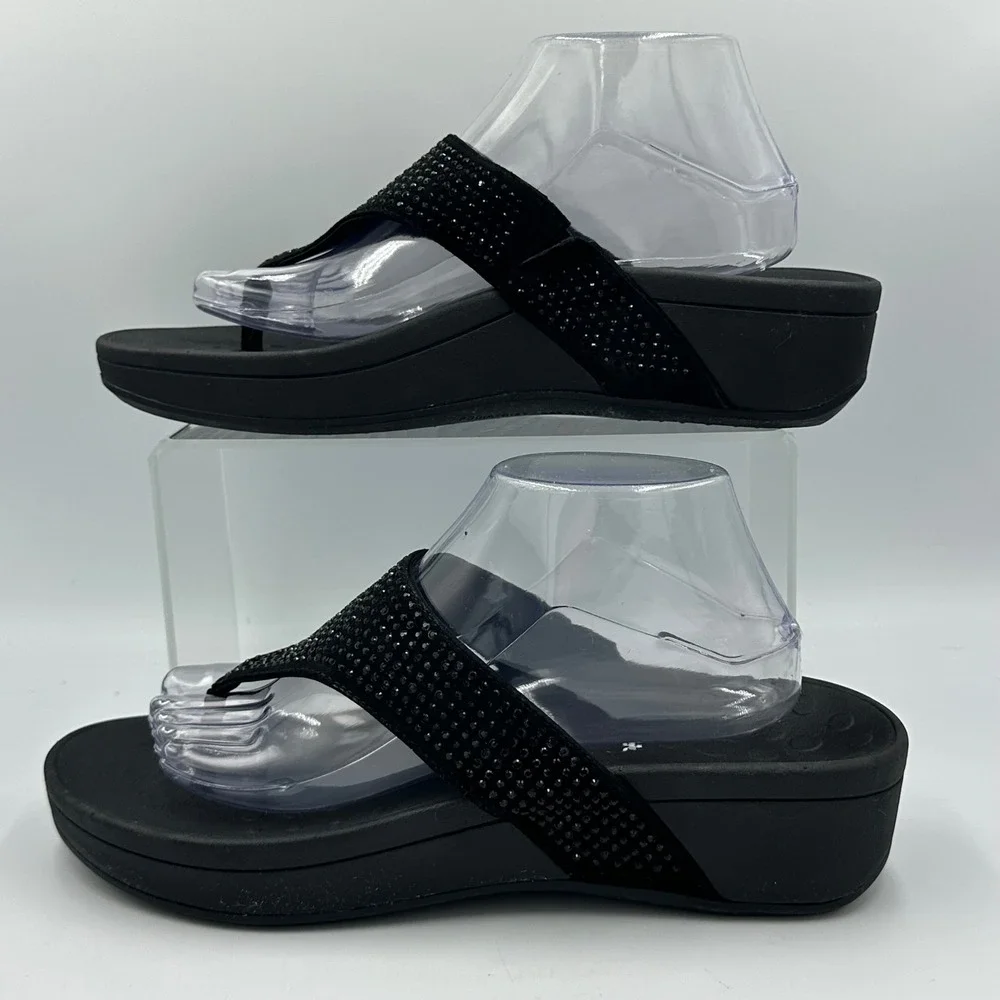Vionic Naples Rhinestone Thong Sandals Black Comfort Slides wedge  W11 EU43