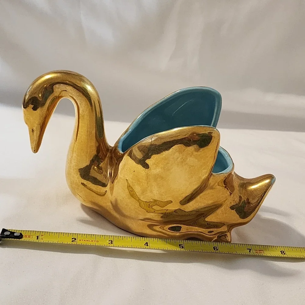 1950's  Gold Swan Ceramic Jewelry‎ Holder- Blue Unbranded