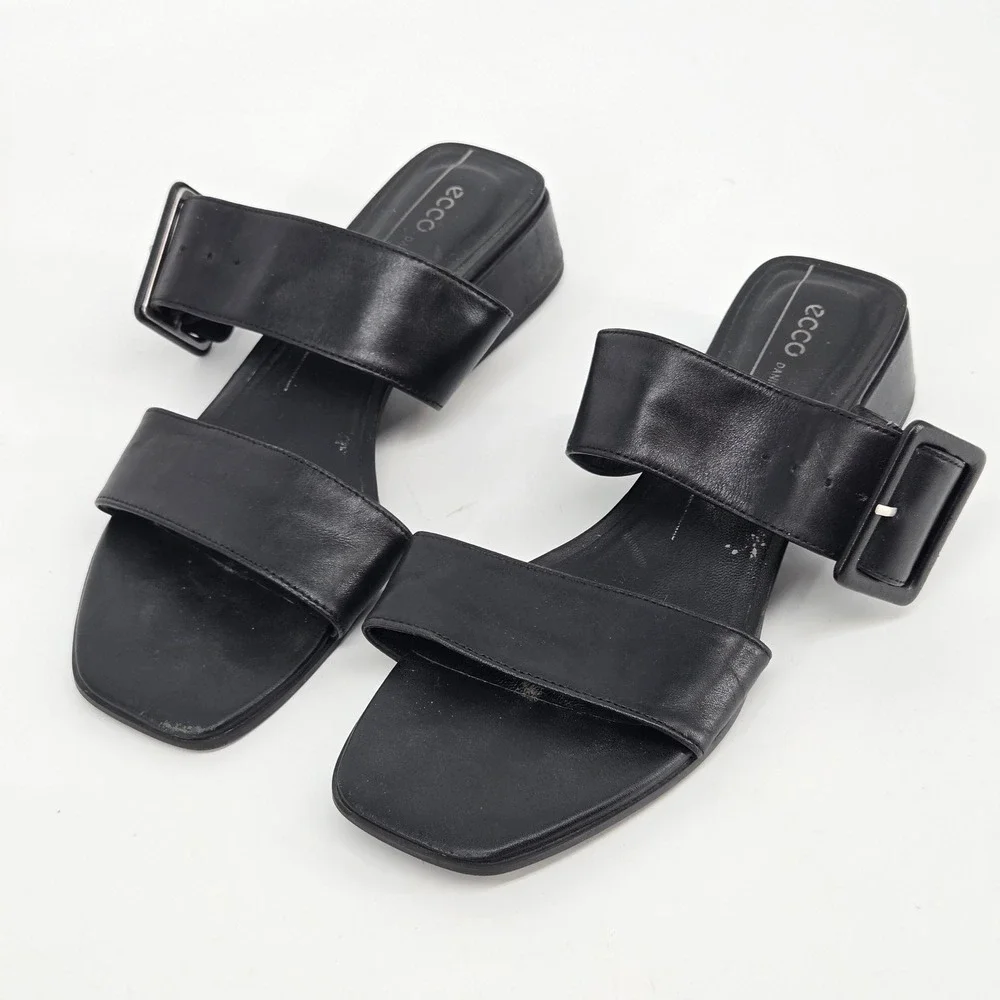 Ecco Danish Design Black Leather Wide Buckle Strap Block Heel Sandals 38 / 7