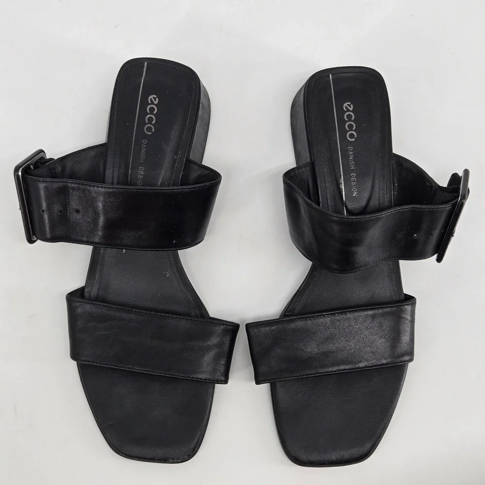 Ecco Danish Design Black Leather Wide Buckle Strap Block Heel Sandals 38 / 7