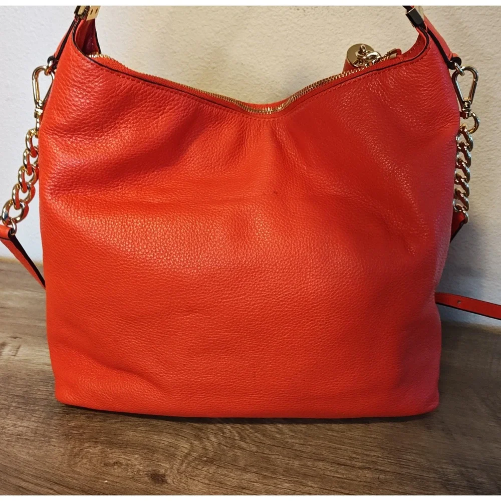Michael Kors Hobo Crossbody Bag Womens Large Orange Pebbled Leather Tassel Gold