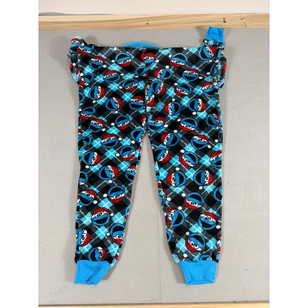Sesame Street Cookie Monster Hooded One Piece Pajamas Suit Blue Plaid Medium