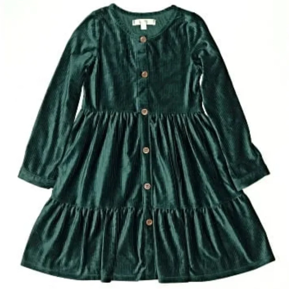 Biscotti Colezioni Girl’s 5yo Pine Green Velvet Button-Down Flutter Dress- EUC!