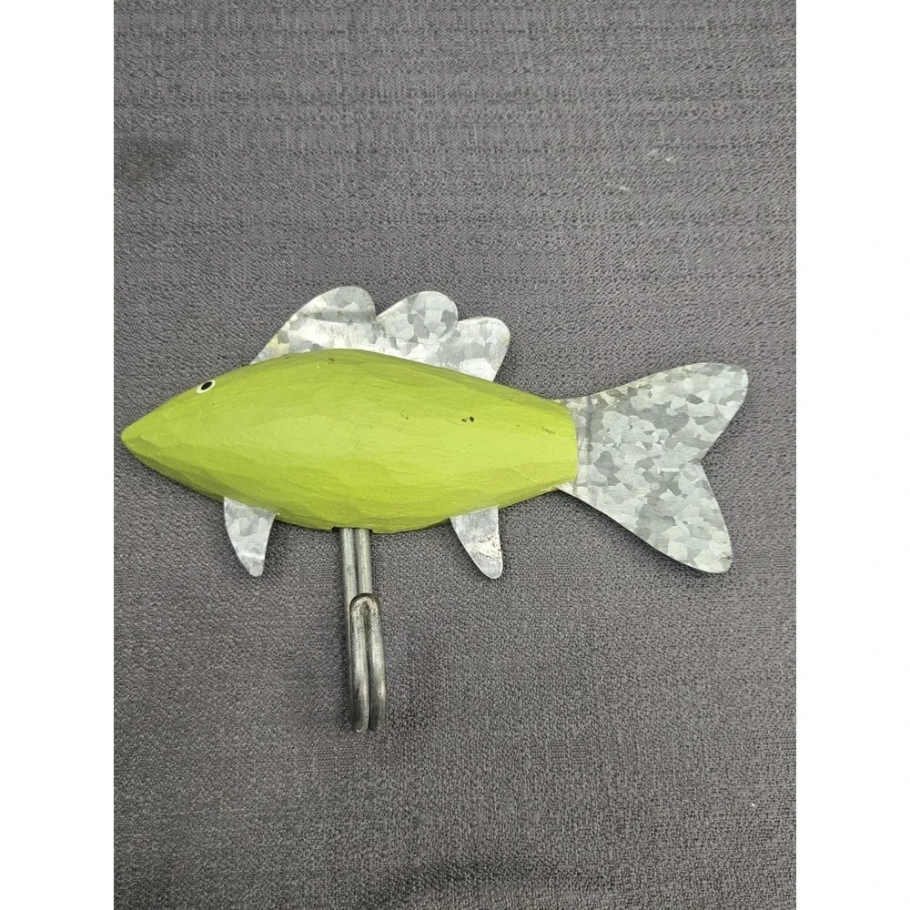 Fish Wall Hook Coastal Beach Nautical Decor Green Wood Metal Tail Hook