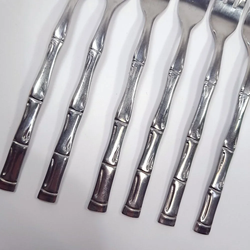 Vintage Sunshine bamboo stainless Korea Cocktail seafood forks set‎ 6 canapes