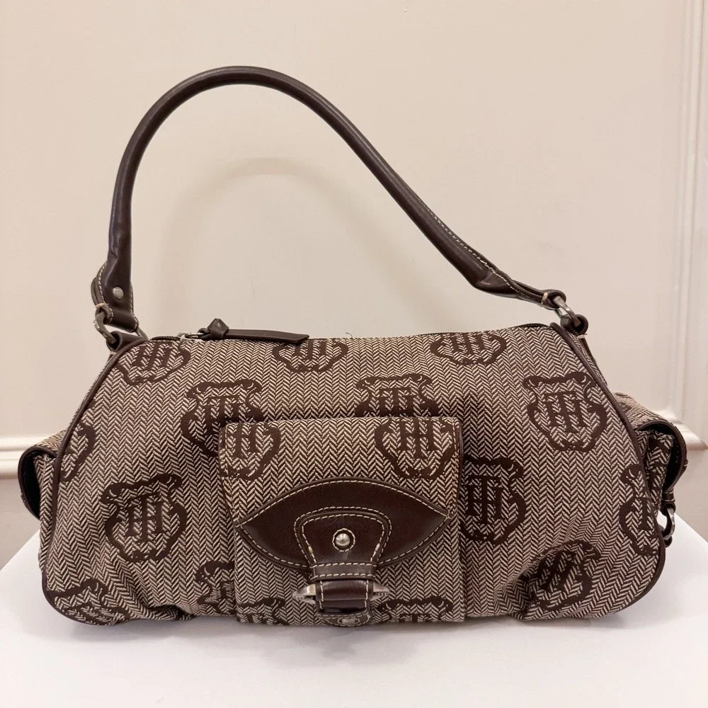 Vtg Y2K Tommy Hilfiger Logo Brown Purse Shoulder Bag Fall Herringbone‎ EUC