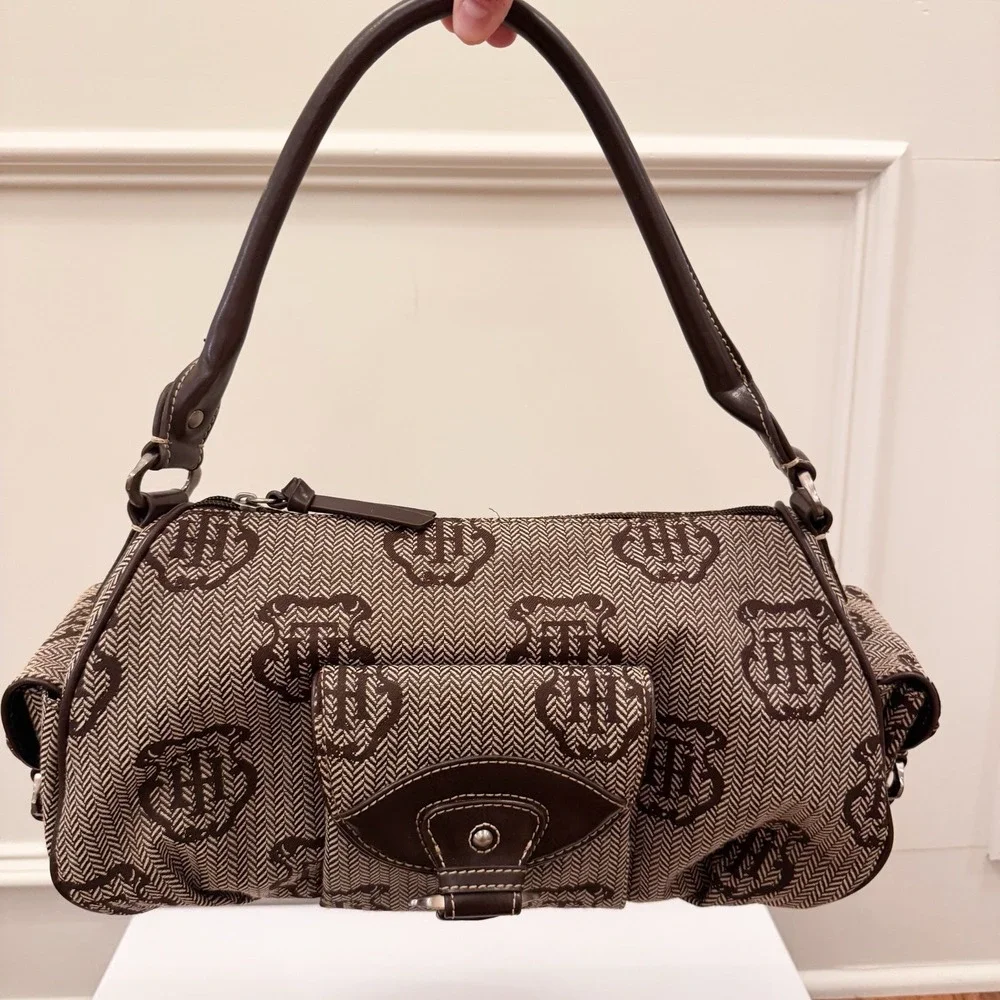 Vtg Y2K Tommy Hilfiger Logo Brown Purse Shoulder Bag Fall Herringbone‎ EUC