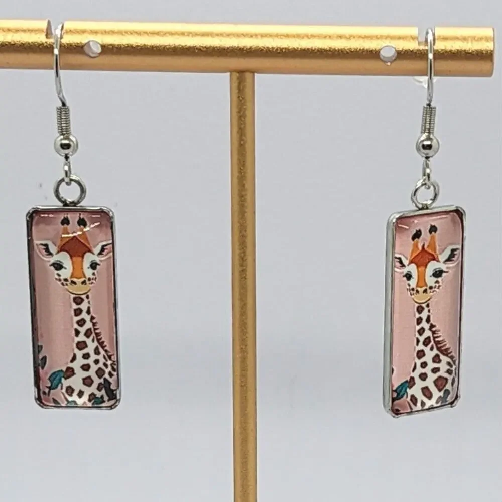 Glass Giraffe Dangle Earrings Cute Baby Jungle Animal Stainless Steel Wires