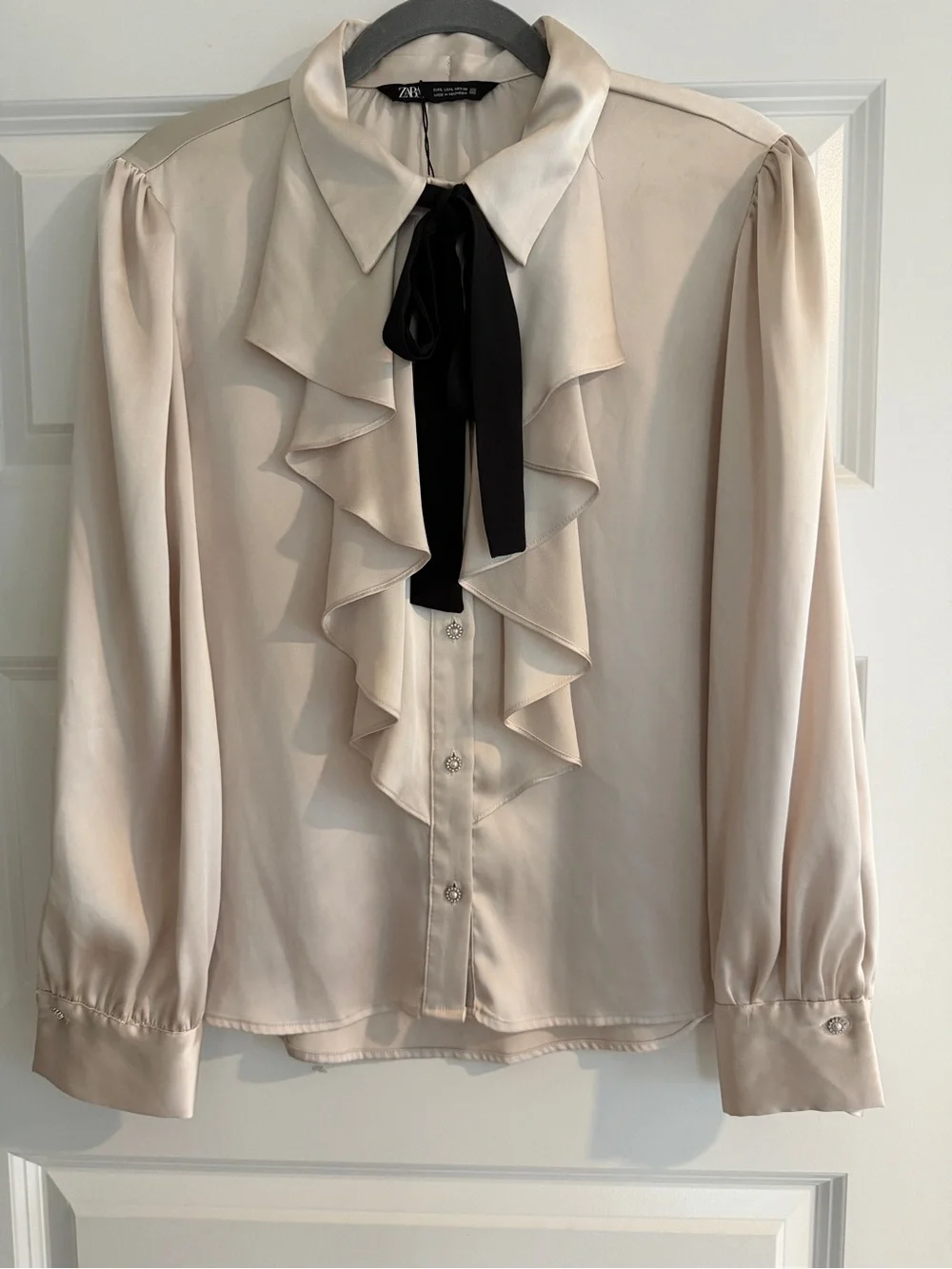 Zara Cream Ruffle Blouse with Black Tie