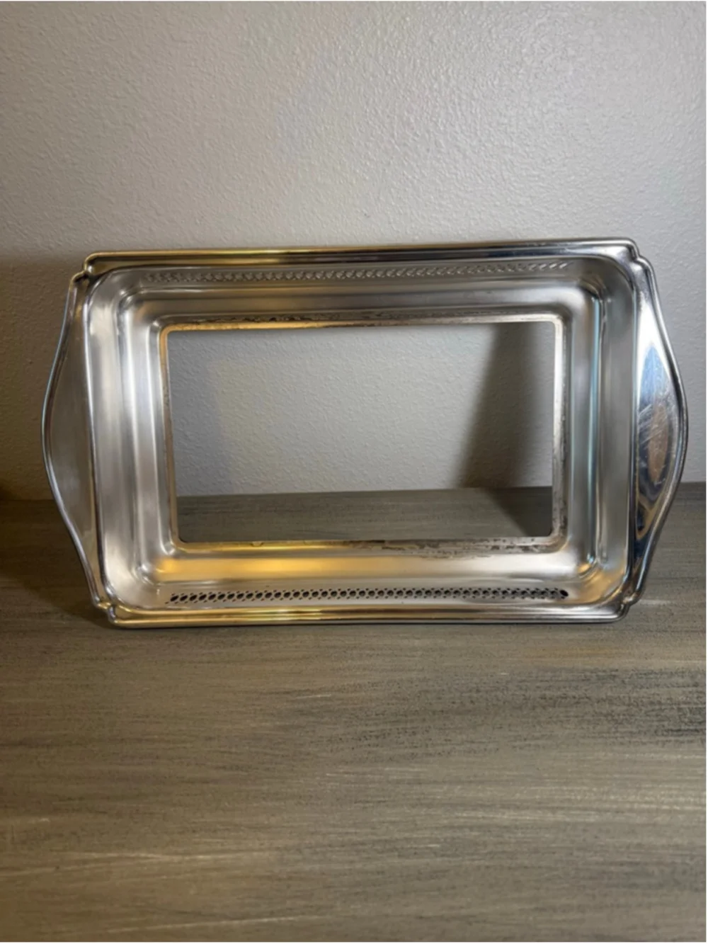 Vintage Silverplate Casserole Holder Tray Pierced Gallery Footed Fits Pyrex Dish