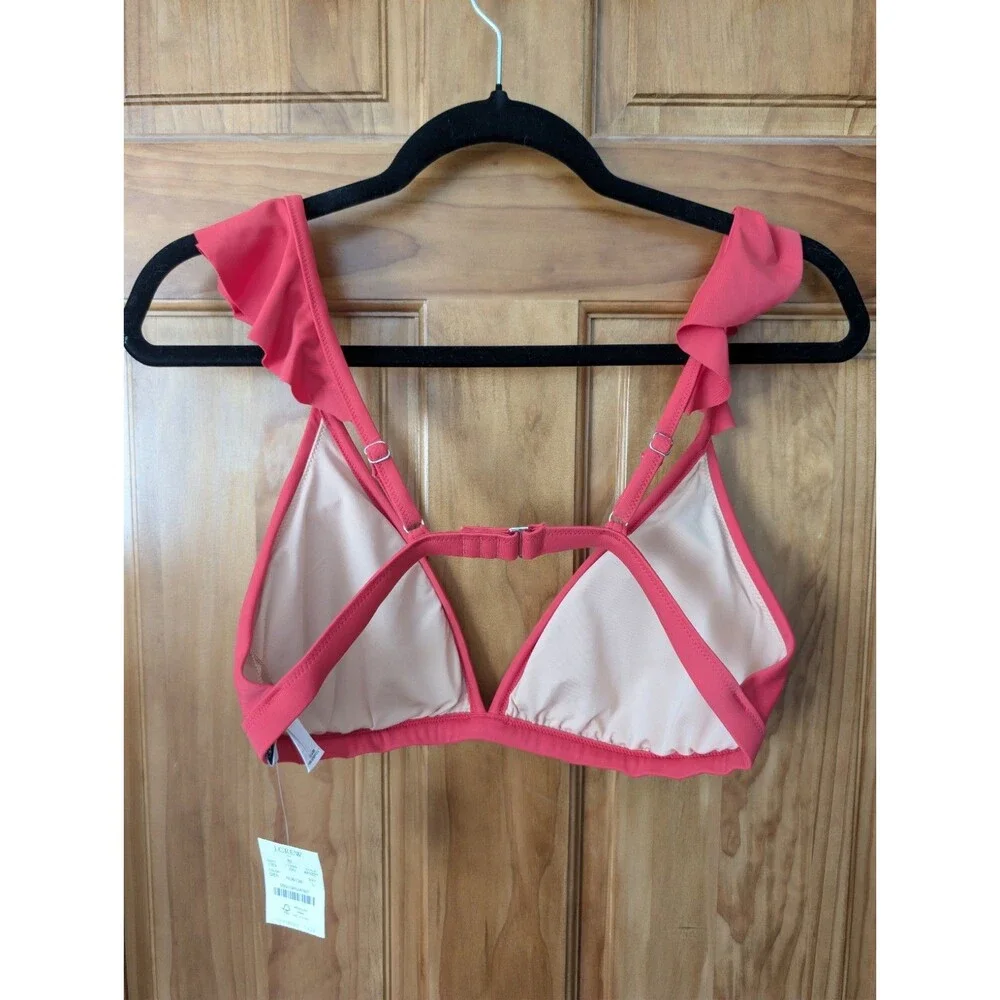 J. Crew Ruffle Scoop Neck Bikini Top Pink Sz Large Resort Pool Vacation Swim NWT