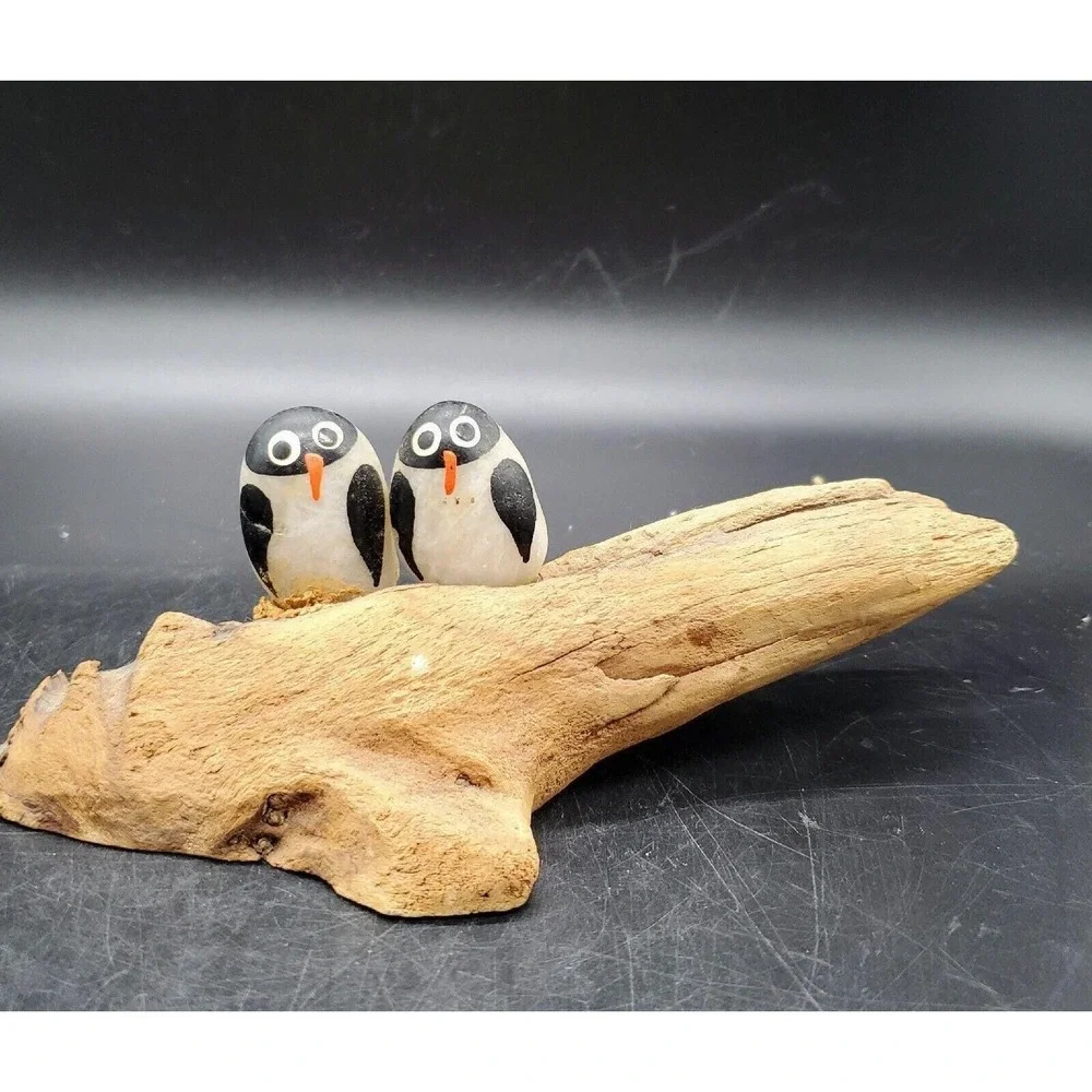 Handmade Whimsical Driftwood Folk Art Stone Penguin Bird Nautical Shorebird 7.5