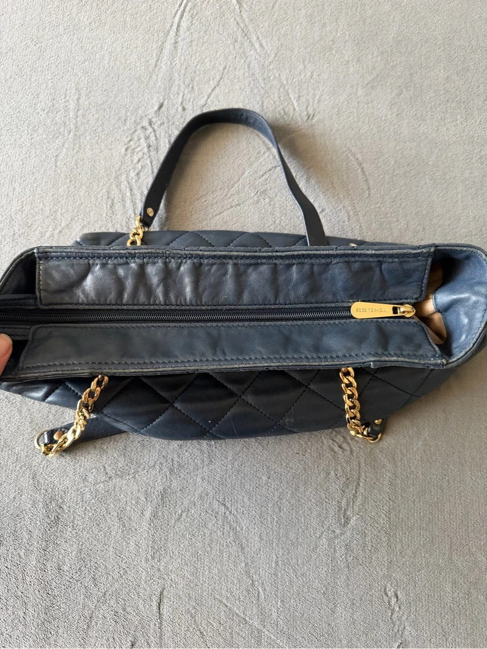 Michael Kors Blue Navy Quilted Tote with Gold Chain Handles