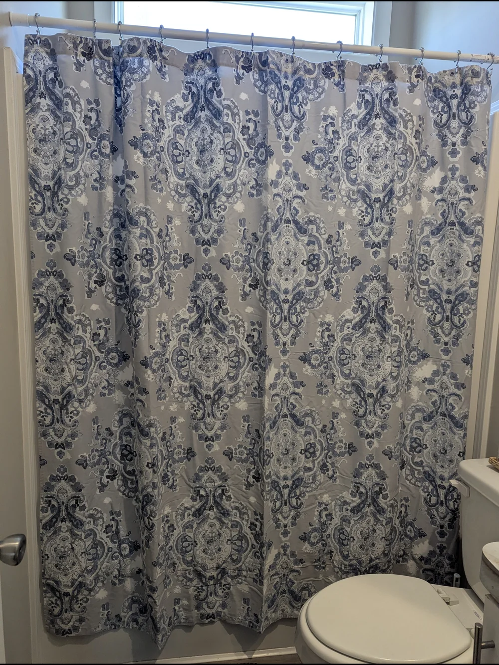 Blue Damask Shower Curtain in Gray and Navy - Classic Bathroom Look