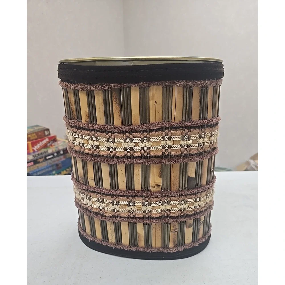 Vtg MCM Waste Can Woven‎ Wood Maria Kipp style J L Clark Orange Browns Cream USA
