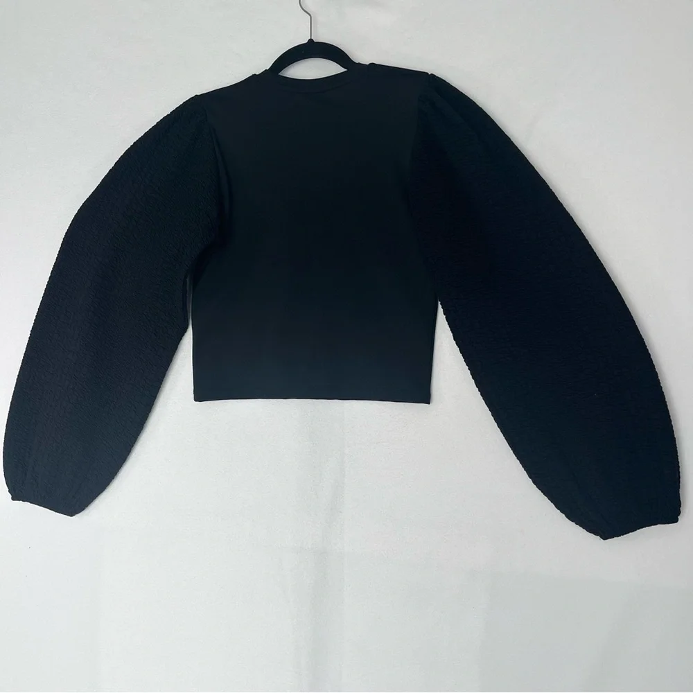 Bershka Blouse Long Puff Textured Sleeve Cropped Black Party Y2K Knit Top Size L