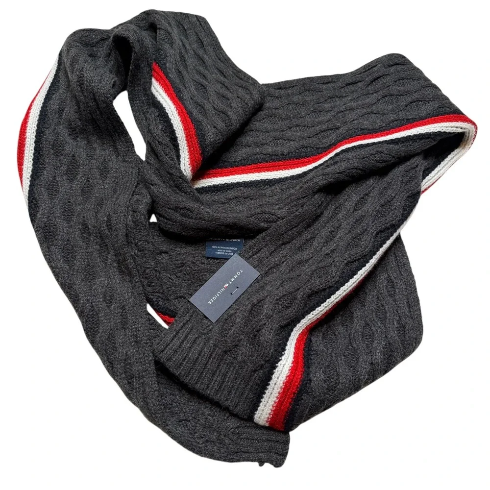 Tommy Hilfiger Cable Knit Ski Patrol Scarf Mens‎ Gray Red White Striped NWT OS
