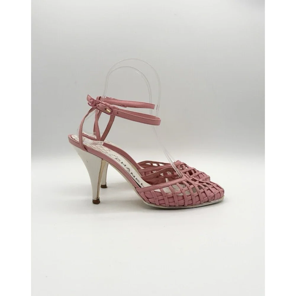 Chanel Pink Basketweave Leather CC Logo Ankle Strap Heels D'Orsay Sz EU 35.5