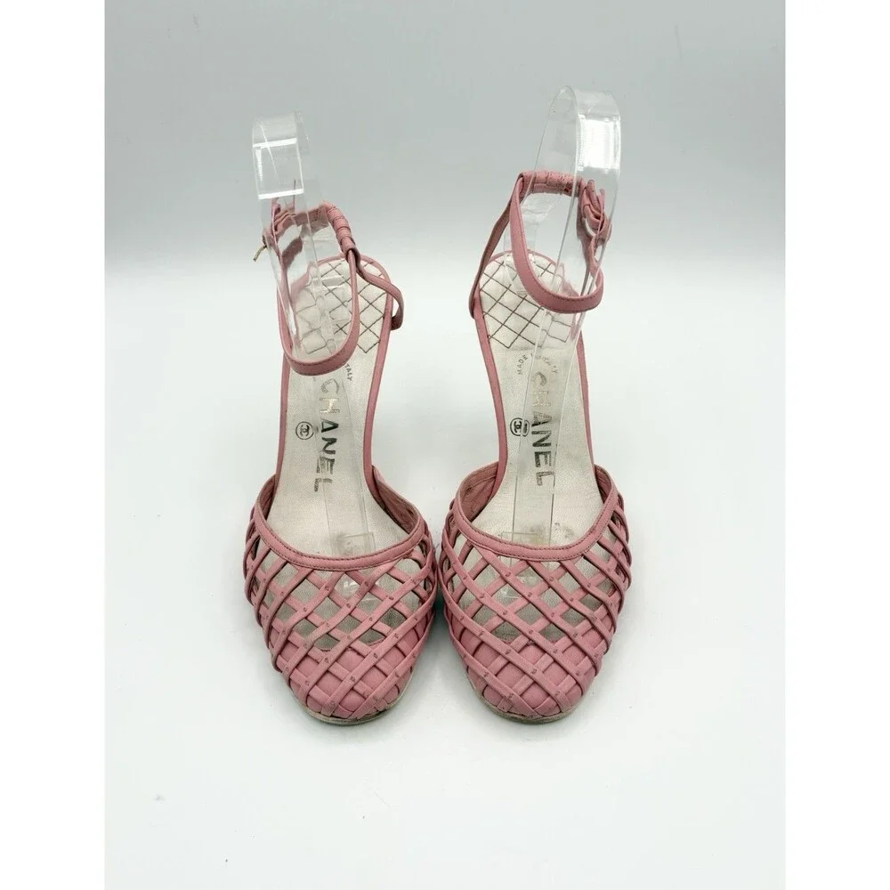 Chanel Pink Basketweave Leather CC Logo Ankle Strap Heels D'Orsay Sz EU 35.5