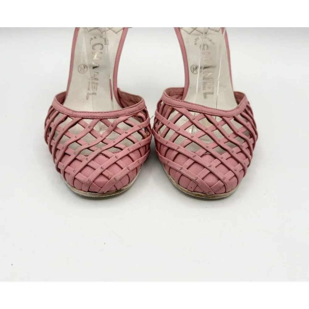 Chanel Pink Basketweave Leather CC Logo Ankle Strap Heels D'Orsay Sz EU 35.5