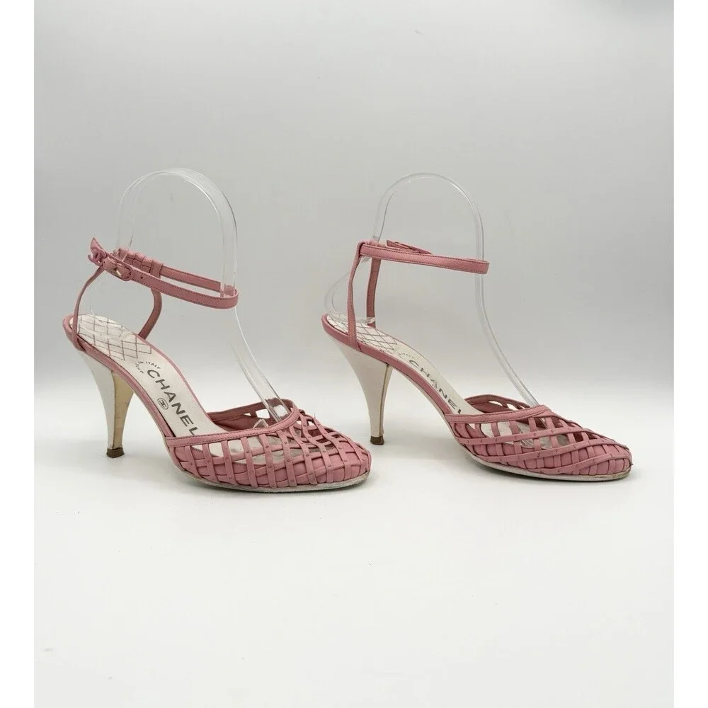 Chanel Pink Basketweave Leather CC Logo Ankle Strap Heels D'Orsay Sz EU 35.5