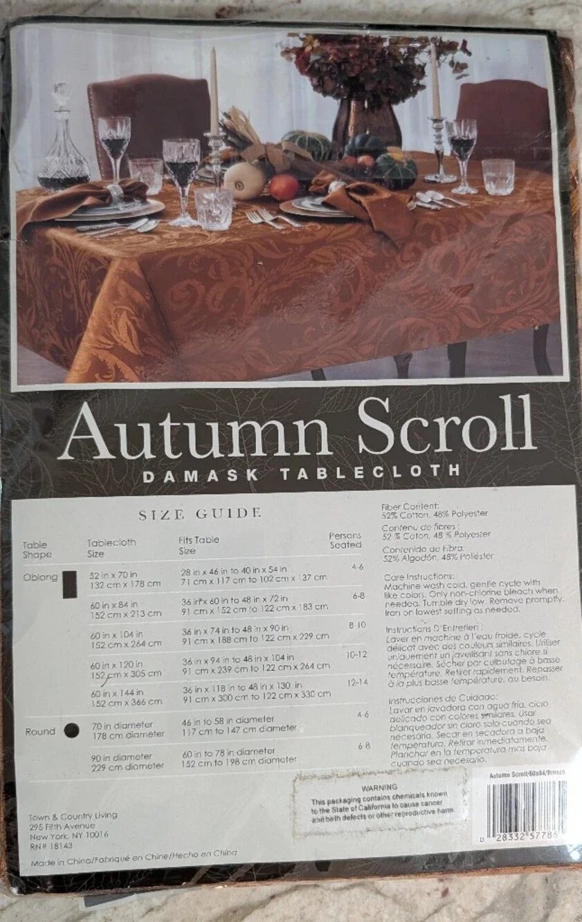 Town & Country Autumn Scroll Amber Fall Foliage Tablecloth Damask 60 X 84 NEW