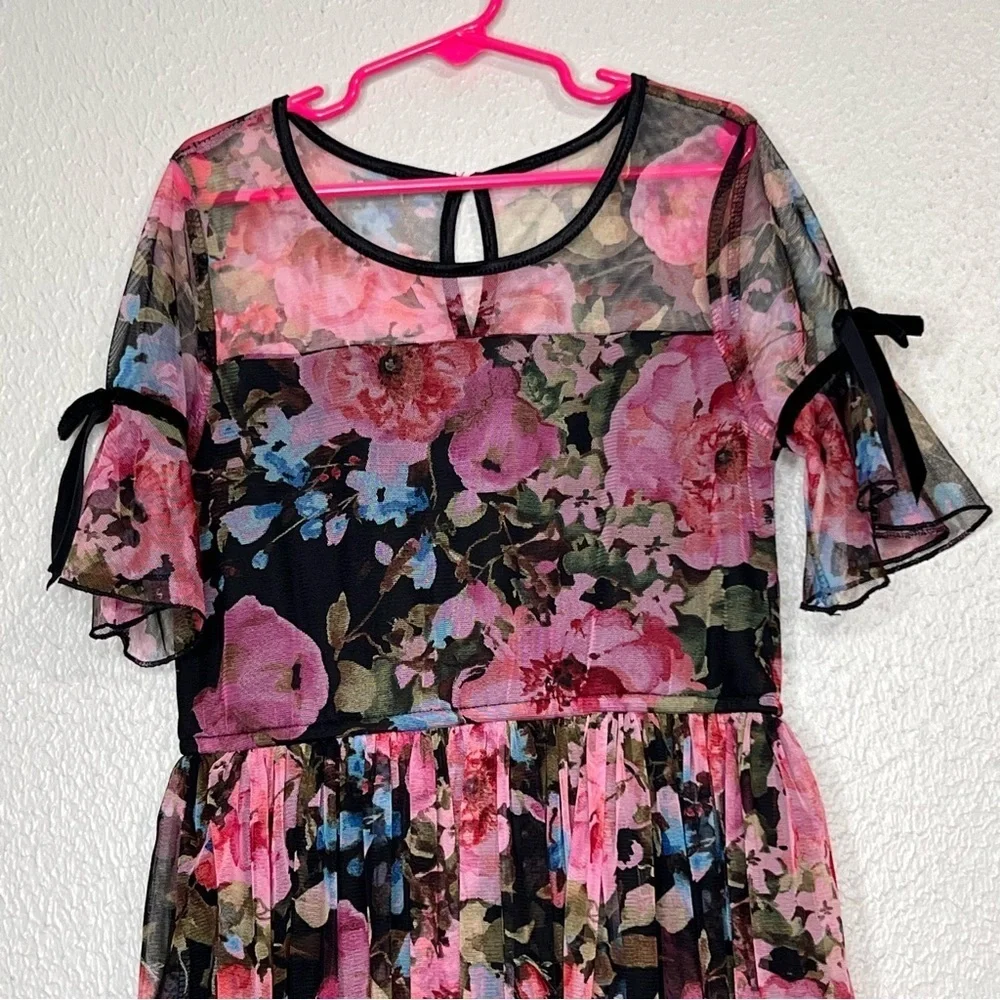 Justice Girls Size 10 Black Pink Floral Dress Velvet Trim Semi-sheer Shoulders