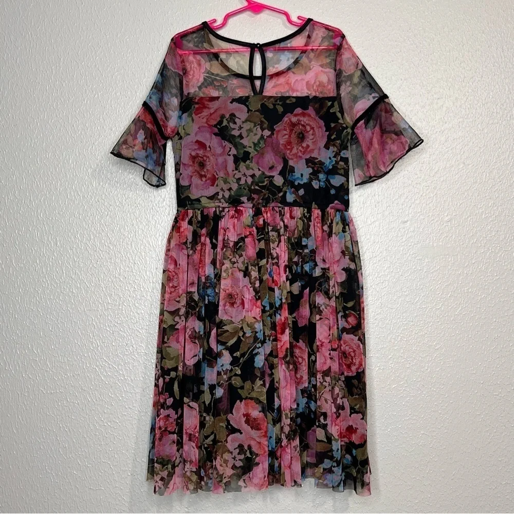 Justice Girls Size 10 Black Pink Floral Dress Velvet Trim Semi-sheer Shoulders