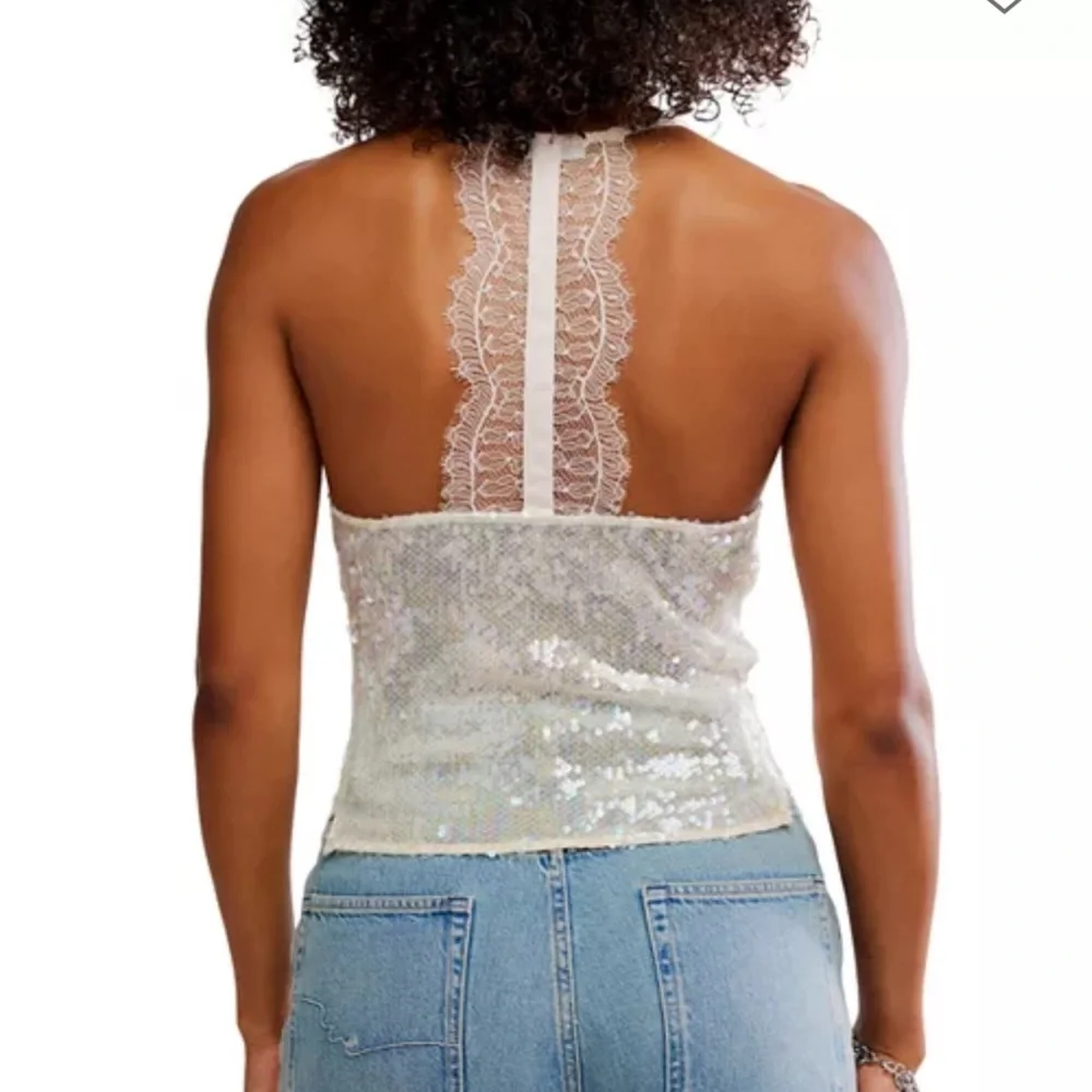 NWT Sequin Lace Halter Top Cream Free People